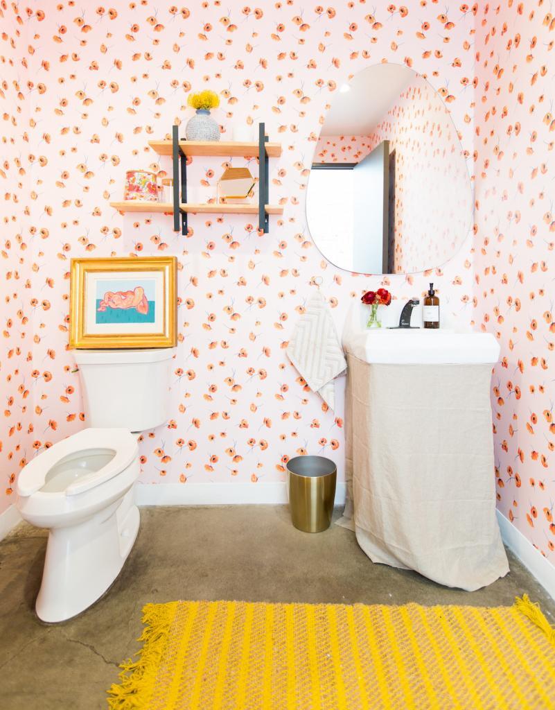finished office bathroom with wallpaper finished office bathroom with wallpaper
