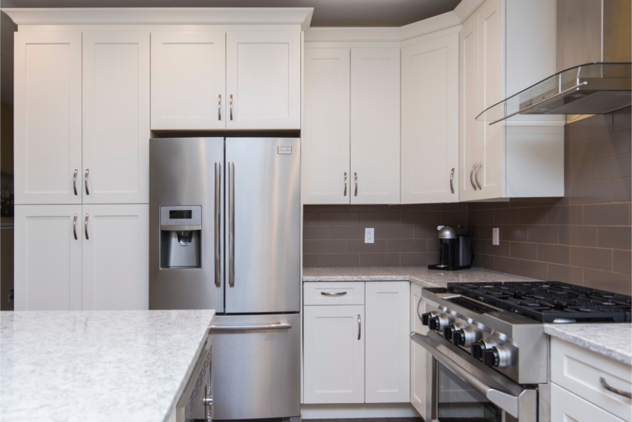 white kitchen cabinets gray tile