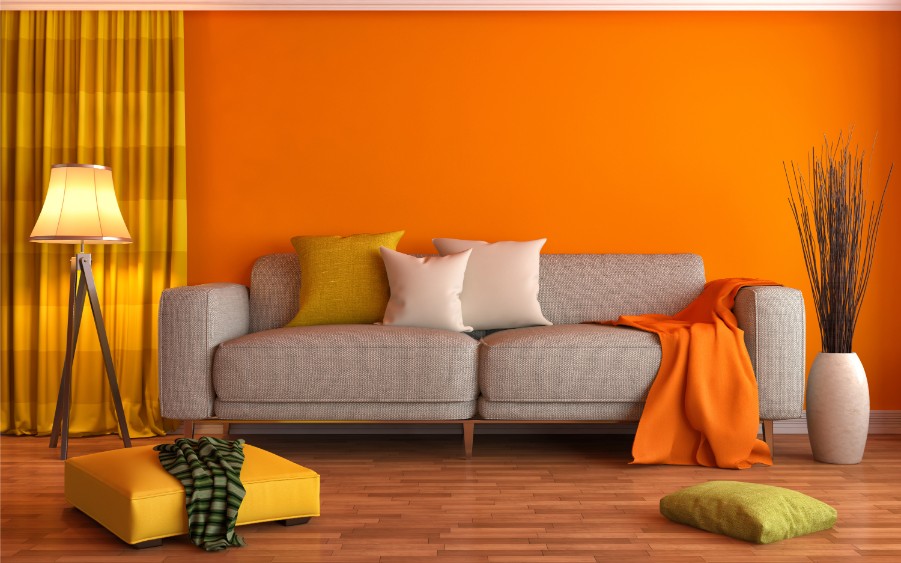 gray turqouise orange living room