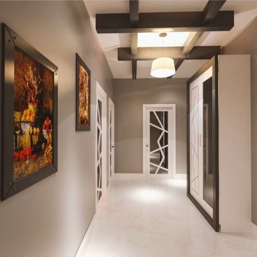 modern beige hallway paint idea with art work